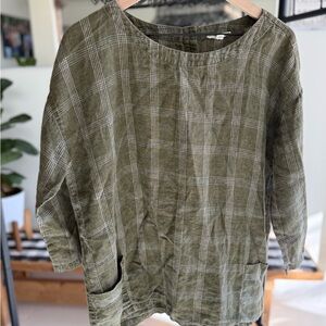 Eileen Fisher Catalan Organic Linen Plaid Patch Pocket Top